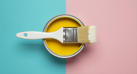 Poster - Paint can with yellow paint and brush on a split color background. Paint brush and paint can with yellow paint on a pink and blue background