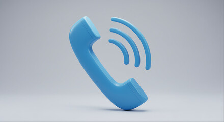 Poster - Blue telephone with sound waves. Blue phone with signal waves. Communication concept