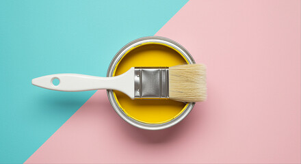 Poster - Paint can with yellow paint and brush on pink and blue background. Paint brush and paint can with yellow paint top view