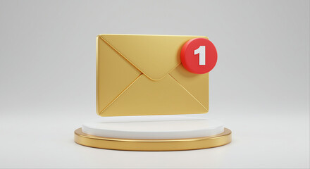 Poster - Gold envelope with email notification on a stand. Email notification with number one on a golden envelope