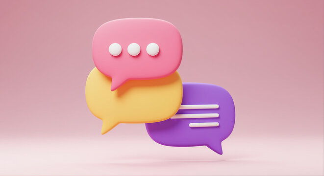 Speech bubbles in pink yellow and purple colors stacked on each other. Communication and messaging icons in 3d style