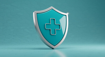 Poster - Shield with health cross symbol on a blue background. Health insurance shield with a cross symbol