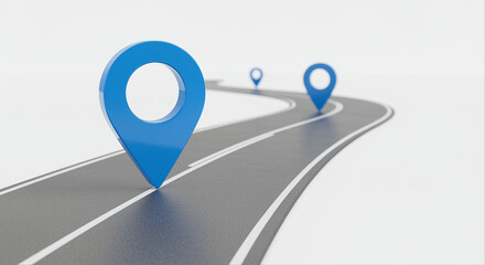 Poster - Blue location markers on a winding road. Road with location markers