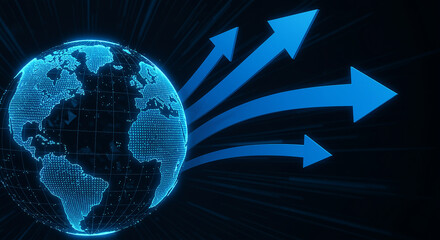 Poster - Digital globe with blue arrows pointing right. Digital world map with arrows on dark background