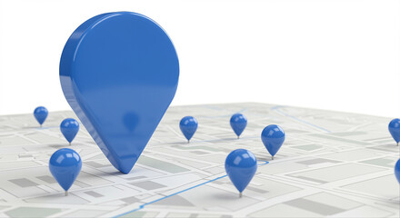 Poster - Blue map pins on a map. Location map pins on a map background