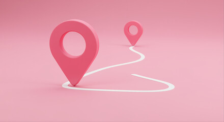 Poster - Pink location pin with white map direction on pink background. Two pink location pins connected by a white line on a pink background