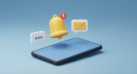 Poster - Smartphone with notification bell and message icons. Mobile phone with notification and chat message bubbles. Smartphone with notification icons