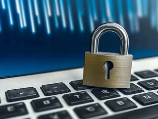 Poster - Closeup of a sturdy padlock resting on a laptop keyboard against a blurred blue data background.  Illustrates online security, data protection, and digital privacy.