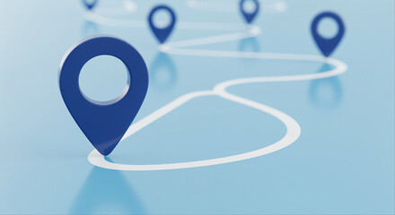 Poster - Location marker on map route. Location markers on a map with a white route line. Location marker path on light blue background