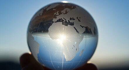 Poster - Glass globe held in hand with sun shining through it. Glass globe showing world map. Glass globe with a blue sky background
