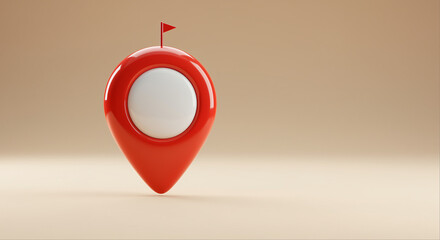 Poster - Red location pin with a small red flag on top. A 3D rendering of a map marker with a white circle in the center