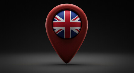 Poster - Map pin with UK flag. Location marker with British flag on dark background