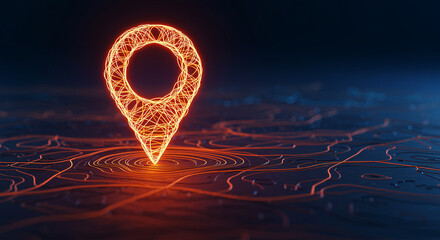 Poster - Glowing location pin on a map. Location pin is glowing on the map