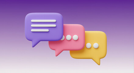 Poster - Chat bubbles with messages in purple pink and yellow color. 3d rendering of chat bubbles