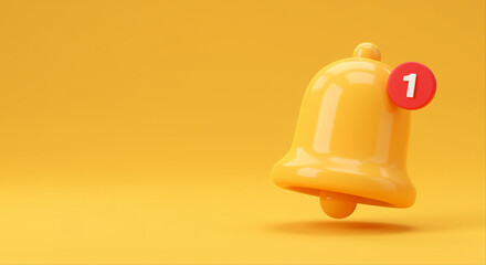Poster - Notification bell with red notification circle. Yellow notification bell with number one on red circle. 3d notification bell render