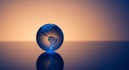 Poster - Glass globe of the earth on a reflective surface. Globe with continents on a smooth surface