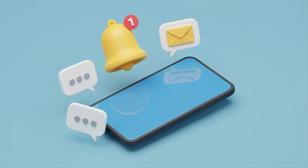 Poster - Smartphone with notification bell and message icons. Smartphone with message notification and bell icon
