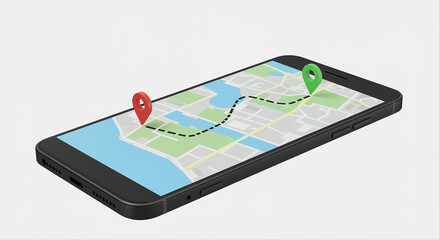 Poster - Smartphone displays map with navigation route and red and green pins. Mobile phone shows map with location markers and path