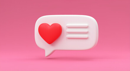 Poster - Speech bubble with heart icon on pink background. White speech bubble with red heart and lines. Social media message icon with heart