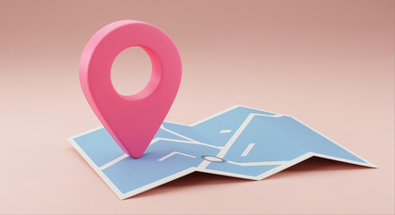 Poster - Pink location pin on a map. Location pin and map on a pink background