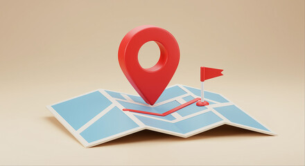 Poster - Map with red location pin and red flag on beige background. Map with location pin and flag