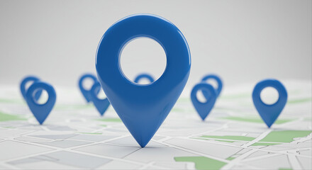 Poster - Blue location pin on a map. Many blue location pins on a map