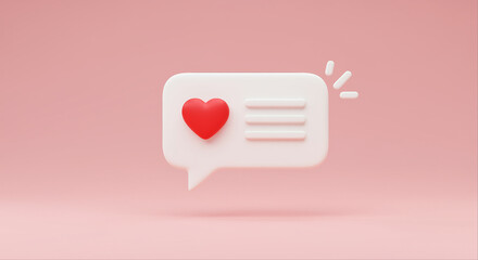 Fototapete - Speech bubble with heart and message icon. White speech bubble with red heart and message lines. 3d render speech bubble with heart