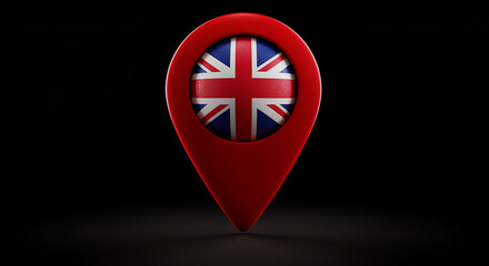 Poster - Location pin with British flag on black background. Red location pin with UK flag. UK travel location pin