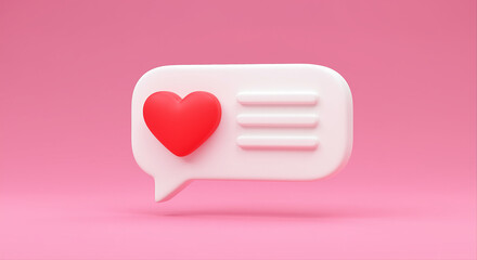 Poster - Message icon with red heart. Love message icon with heart symbol. White message icon with red heart on pink background