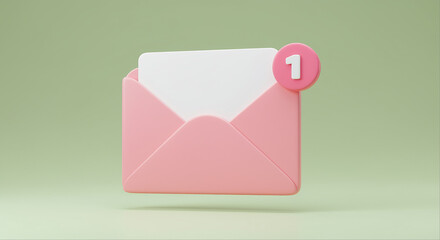 Poster - Pink email envelope with notification. Email notification with number one. Digital communication with email envelope and notification