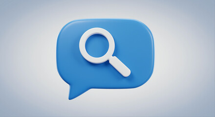 Poster - Magnifying glass search icon in blue speech bubble. White magnifying glass on blue speech bubble icon. 3d rendering search icon