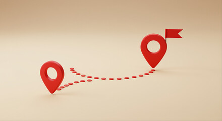 Poster - Red location markers with dotted path on beige background. Two red location markers connected by dotted line