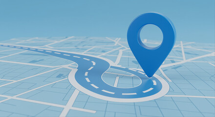 Poster - Blue map pin on a map with road. Location marker on the map with navigation route