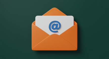 Poster - Orange envelope with email symbol inside. Email communication concept. Open envelope with at symbol on the card