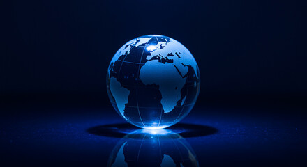 Poster - Globe glass world map with continents on dark background. Glass globe showing world map with continents. World globe with continents on dark background