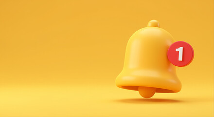 Poster - Yellow notification bell with red notification number one. Notification bell on yellow background