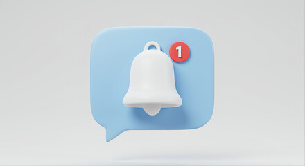 Poster - Notification bell icon with number one on blue speech bubble. White notification bell with red circle. Notification bell icon on light background