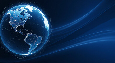 Poster - Digital globe with earth illustration on dark blue background. Globe with digital network lines and light spots on the continents