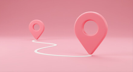 Poster - Pink location pin with white line on pink background. Two pink map markers connected by a white line