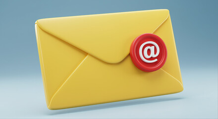 Fototapete - Yellow envelope with red email sign. 3d rendered yellow envelope with email symbol. Email envelope with red at symbol