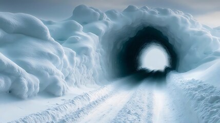 Wall Mural - A snow covered road with a tunnel in the middle