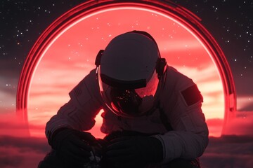 Wall Mural - A lone astronaut, silhouetted against a vibrant red celestial backdrop, contemplates the vastness of space.  A powerful image of solitude and exploration.