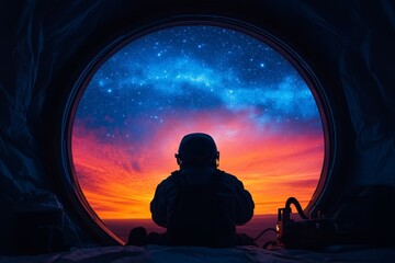 Wall Mural - Astronaut gazing at a breathtaking sunset and starry night sky through a large porthole. A surreal and awe-inspiring scene.