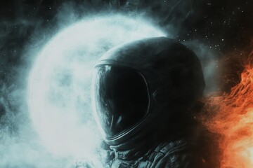 Wall Mural - an astronaut's helmet is silhouetted against a backdrop of a celestial body, fire, and smoke. a dram