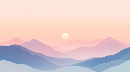 Poster - Serene foggy mountain range in pastel hues, a minimalist landscape evoking tranquility and subtle beauty in nature's embrace. Ethereal Landscape. Illustration