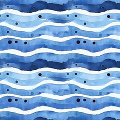 Poster - Zigzag lines and waves in blue watercolor, decorated with dots against a white backdrop, create a seamless pattern