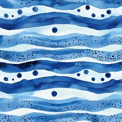 Poster - Blue watercolor hand-drawn zigzag lines and waves adorned with dots on a white background, forming a seamless pattern