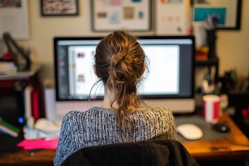 Wall Mural - Female employee in home office, attending an eLearning session, participating in virtual webinar