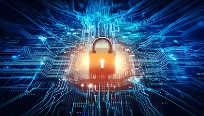 Poster - Cybersecurity concept image: A glowing padlock sits at the center of a circuit board, symbolizing digital protection.  Ideal for illustrating data security, network protection, or online safety.