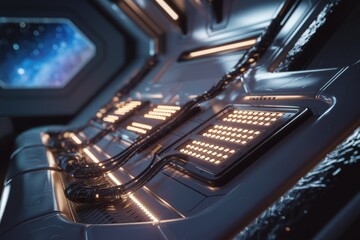 Aufkleber - Futuristic spaceship control panel with illuminated buttons and wires, showcasing advanced technology.
